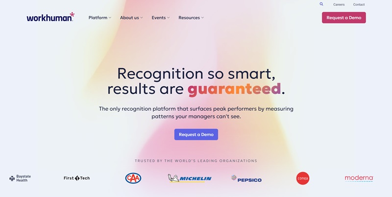 Homepage of Workhuman, where new users can access the employee engagement software tools