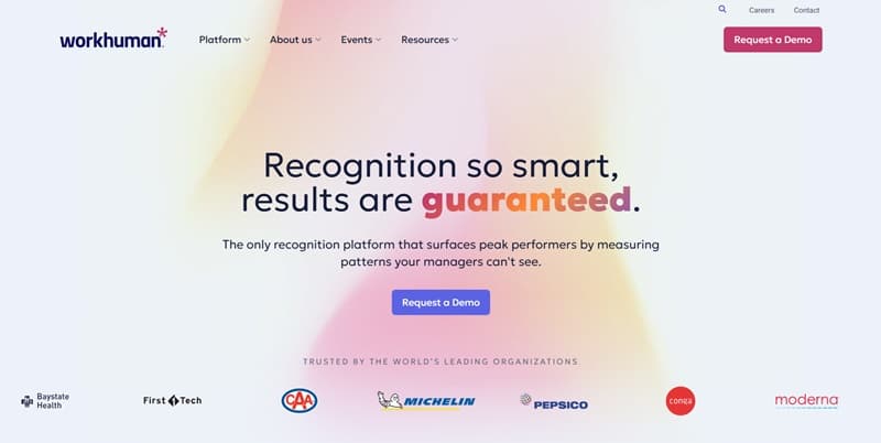 Homepage of Workhuman, where new users can access the employee engagement software tools