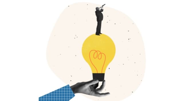 Illustration of a man in a suit on a lightbulb looking through a telescope.