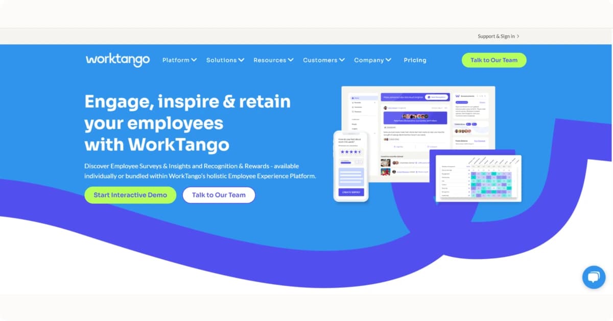 WorkTango homepage for employee engagement with surveys, recognition, and rewards.