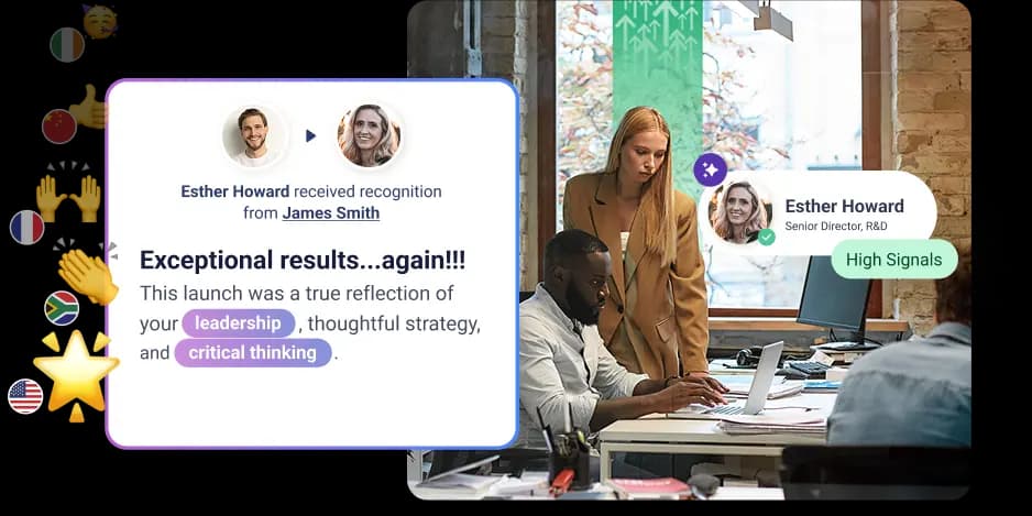 A woman named Esther Howard is shown receiving recognition from James Smith. The message highlights her exceptional results, praising her leadership, thoughtful strategy, and critical thinking. In the background, a man is working on a laptop at a desk, while a woman in a tan blazer stands nearby, engaged in conversation with him. The setting appears to be a modern office with large windows and greenery visible outside.