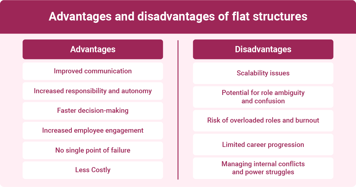 An infographic showing the advantages and disadvantages of a flat organizational structure