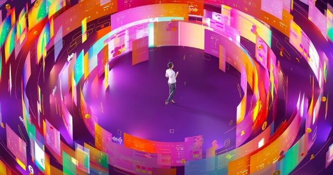 A person standing in the center of a vibrant, colorful digital space, surrounded by swirling graphics and data representations related to talent assessment. The background features an array of bright colors, including pinks, oranges, and purples, with various digital elements such as charts and icons appearing around them. The individual is wearing a white shirt and appears to be engaged in the environment, possibly presenting or interacting with the digital elements.
