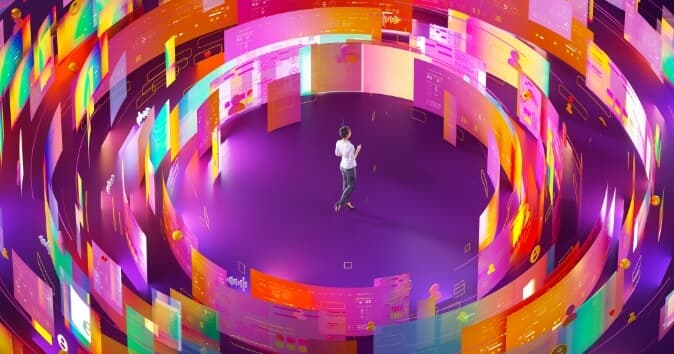 A person standing in the center of a vibrant, colorful digital space, surrounded by swirling graphics and data representations related to talent assessment. The background features an array of bright colors, including pinks, oranges, and purples, with various digital elements such as charts and icons appearing around them. The individual is wearing a white shirt and appears to be engaged in the environment, possibly presenting or interacting with the digital elements.