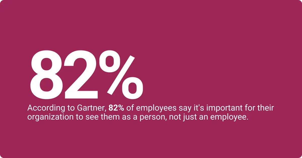Statictic showing that 82% of employees say it's important for their organization to see them as a person, not just an employee.