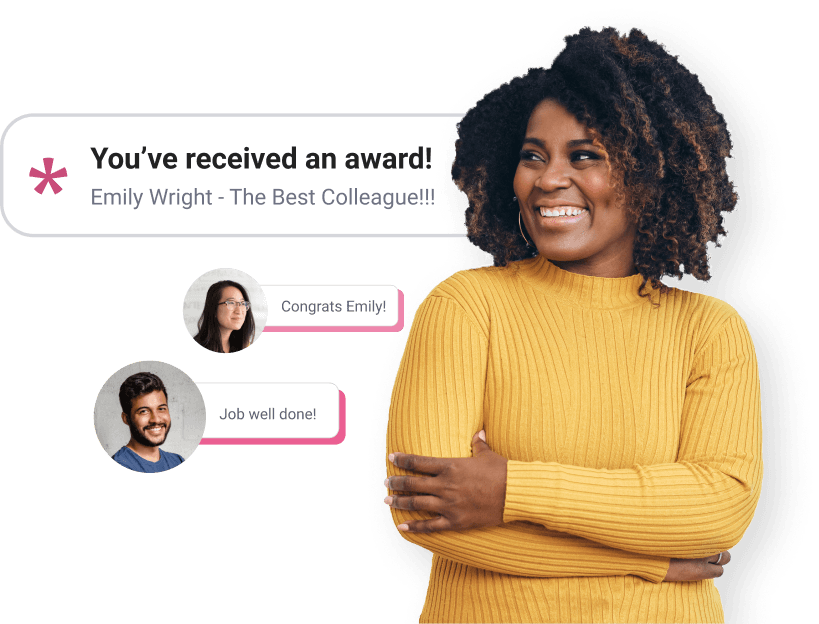 A woman with curly hair is smiling while wearing a bright yellow sweater. She is seen next to a notification that reads "You've received an award! Emily Wright - The Best Colleague!!!" Accompanying messages from two individuals include "Congrats Emily!" and "Job well done!"