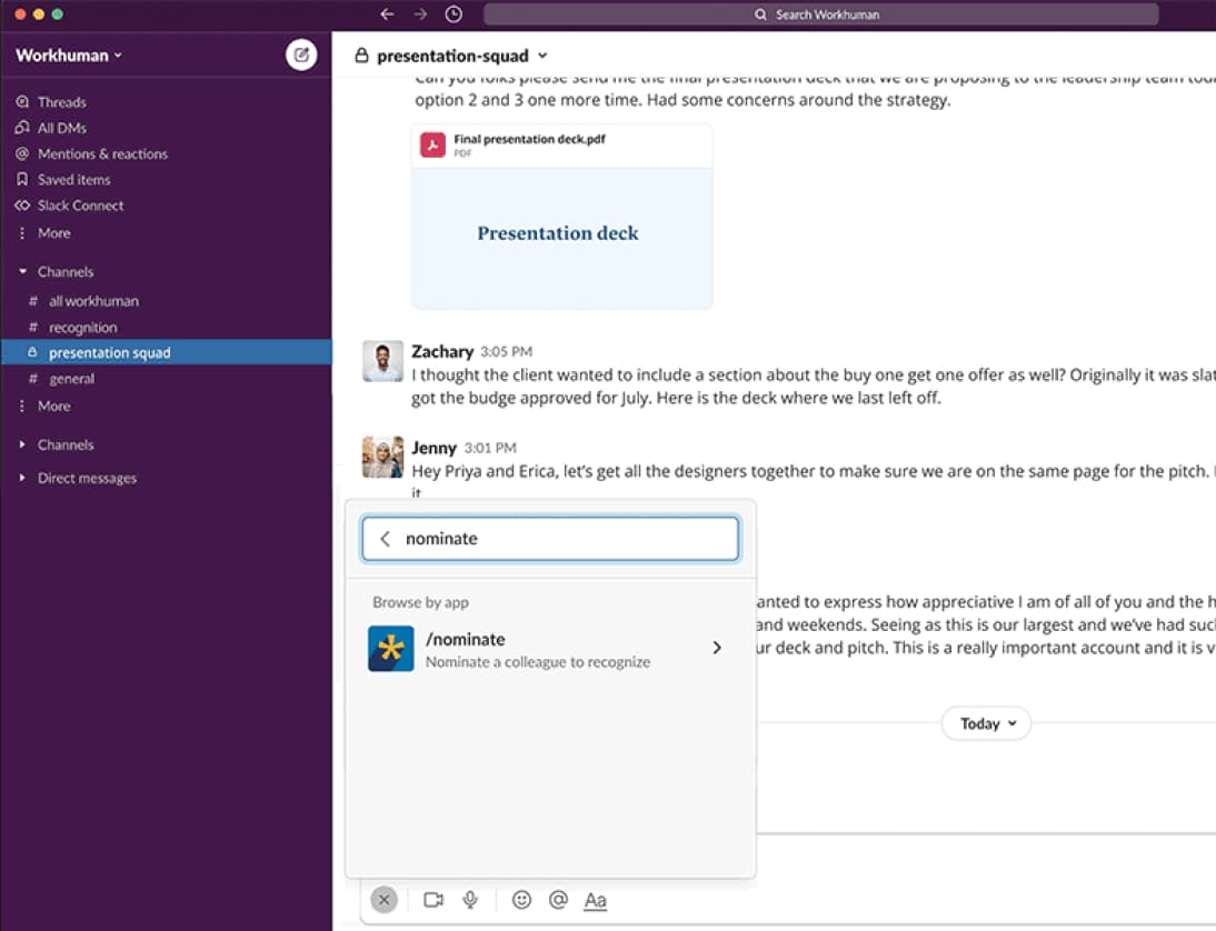 A Slack interface displaying a channel named "presentation-squad." The screen shows a discussion with various messages, including one where a user named Zachary mentions concerns about a client proposal, and another from Jenny suggesting collaboration among designers for a pitch. There is also a notification area for nominating a colleague for recognition in the Workhuman platform.