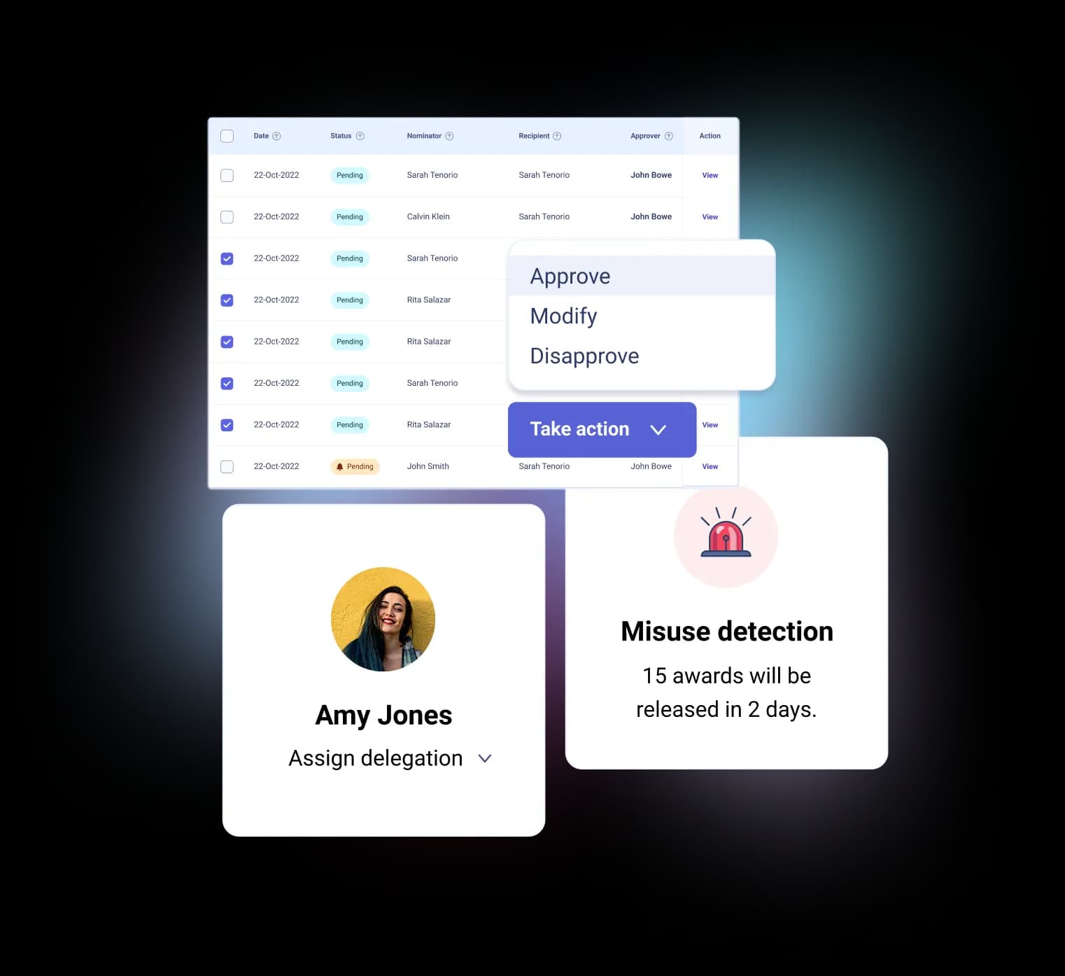 A digital interface displaying a list of recognition requests and their statuses, including details like the nominators, recipients, and approvers. Several options to take actions such as "Approve," "Modify," or "Disapprove" are visible. A highlighted notification indicates that there are 15 awards set to be released in 2 days, alongside a profile picture of a woman labeled "Amy Jones" with an option to "Assign delegation."