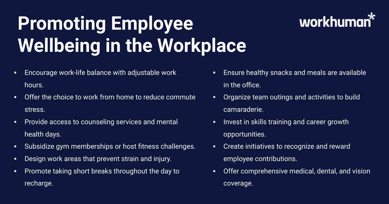 Infographic on ways to promote employee wellbeing at the workplace.