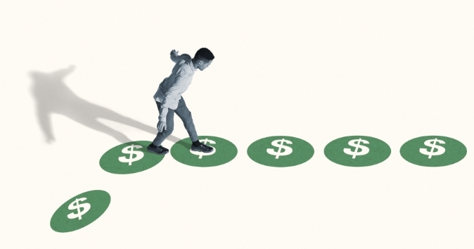 Concept design of a man walking on dollar bill symbol circles.