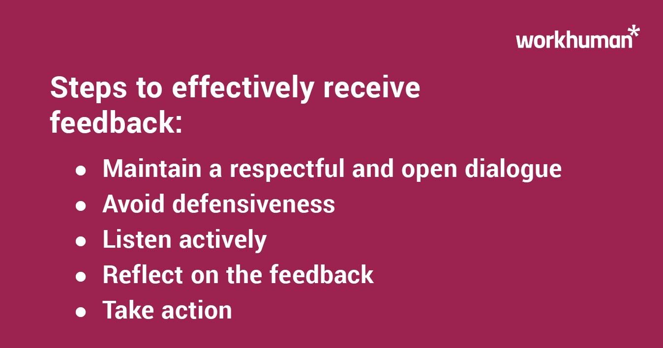 Steps to effectively receive feedback including maintaining an open dialogue, avoiding defensiveness, and taking action.