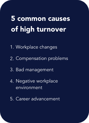 5 common causes of high turnover: Workplace changes, compensation problems, bad management, negative workplace environment, career advancement