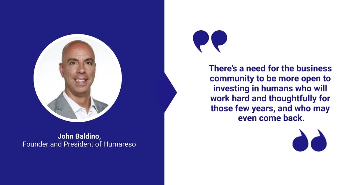 Illustration of the quote by John Baldino, Founder and President of Humareso on boomerang employee