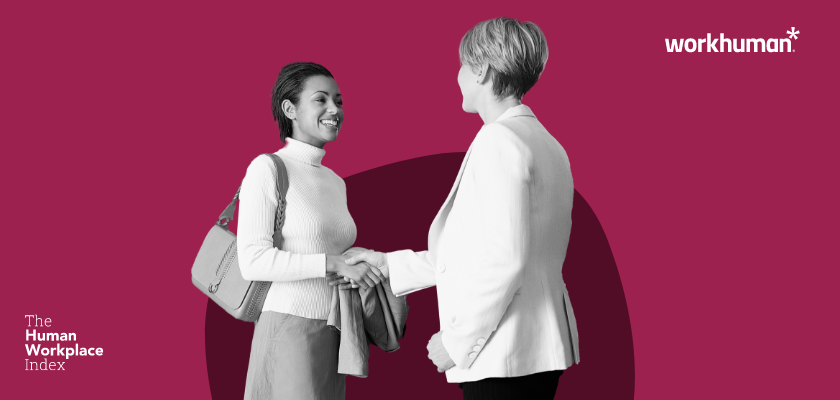two women shaking hands with an overlay that reads "The Human Workplace Index"