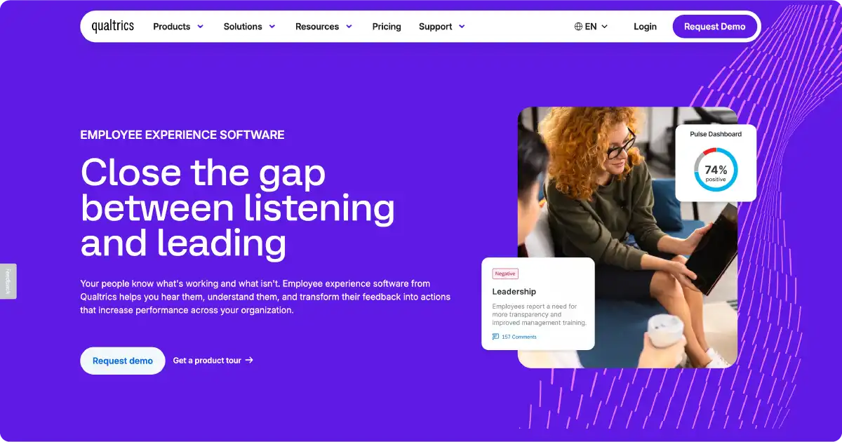 Screen capture of the Qualtrics EmployeeXM platform offering.