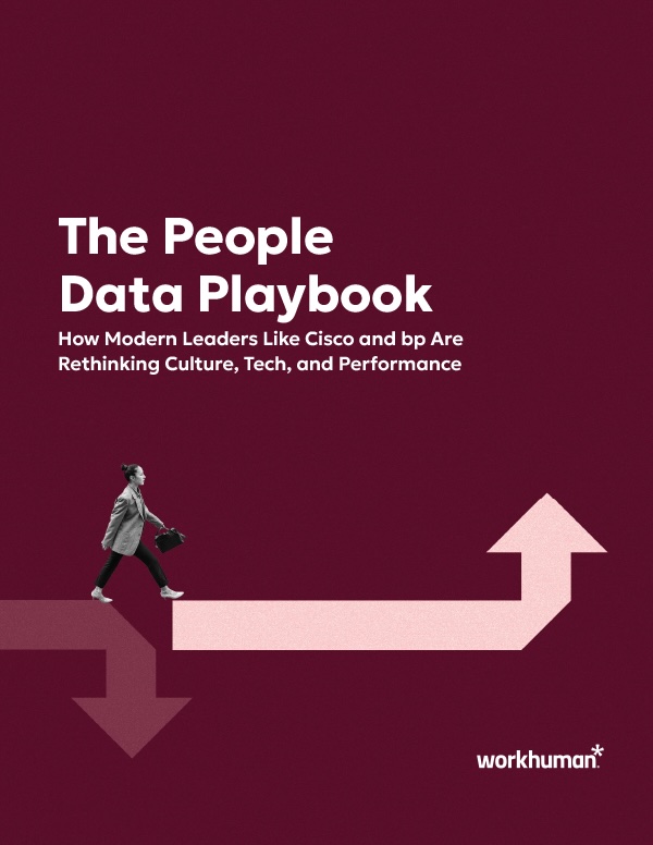A woman in a striped suit walks with a briefcase on a colorful, upward-pointing arrow, suggestive of progress and leadership. The background is a deep maroon, featuring the text "The People Data Playbook" at the top, followed by a subtitle about modern leaders like Cisco and bp rethinking culture, tech, and performance. The Workhuman logo is located at the bottom.