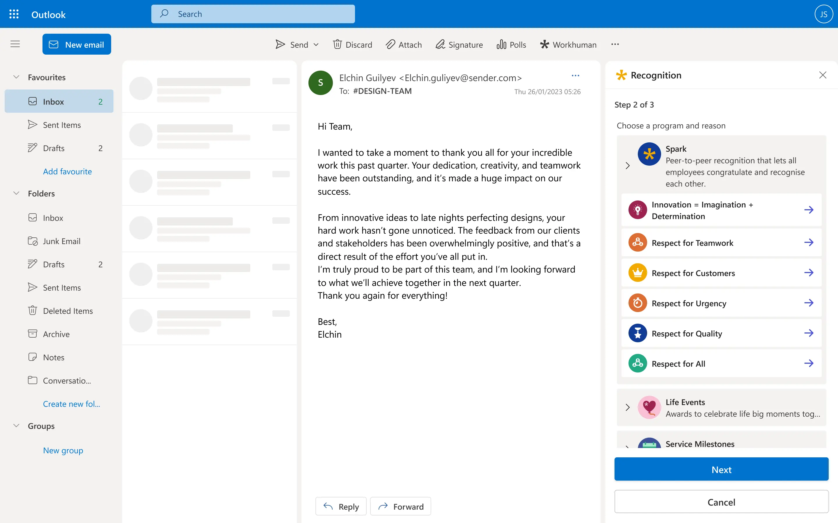 A screenshot of an Outlook email interface showcasing a message from Elchin Guilyev to the #DESIGN-TEAM, expressing gratitude for their teamwork, creativity, and dedication over the past quarter. The email emphasizes the positive feedback from clients and highlights categories for peer recognition, including "Innovation = Imagination + Determination" and "Respect for Teamwork." The layout includes folders like Inbox, Junk Email, and Drafts on the left side and the message window with options to reply or forward on the right.