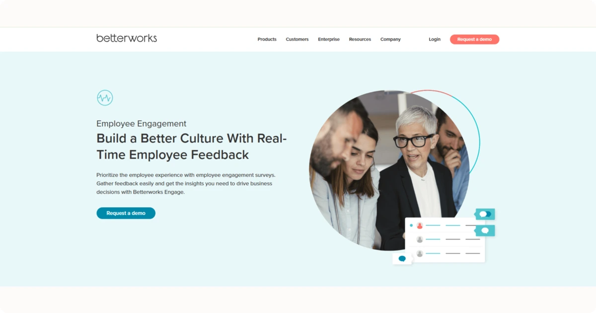 Betterworks homepage showing employee engagement solutions with real-time feedback to build a better company culture.