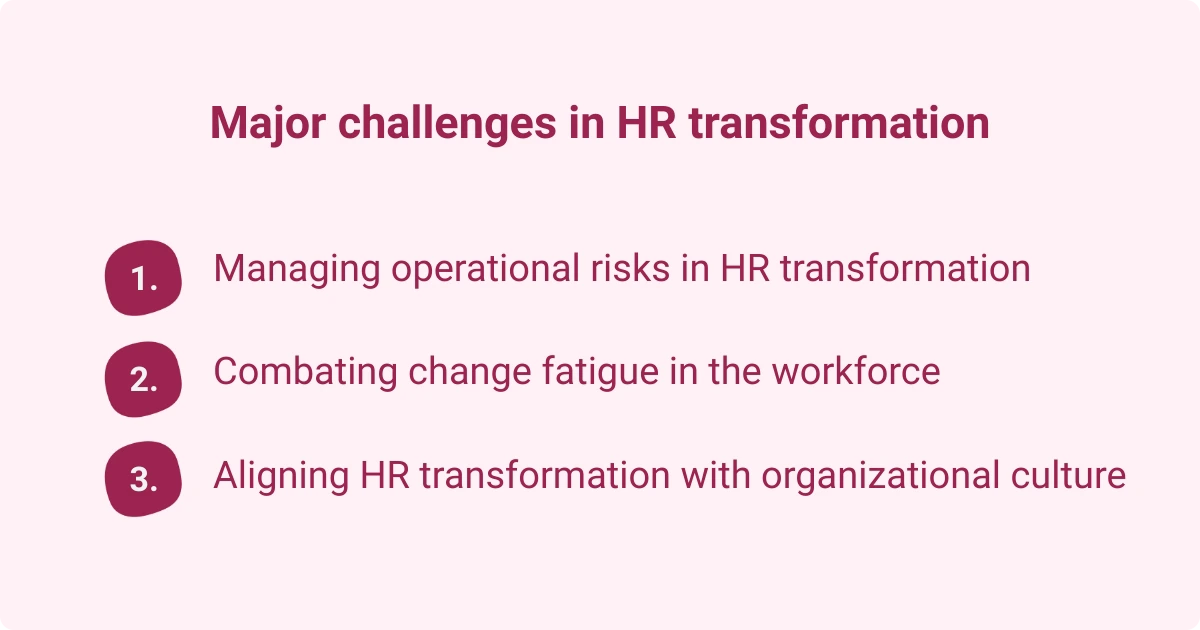 List of major challenges in HR transformation, including managing operational risks, combating change fatigue, and aligning transformation with organizational culture