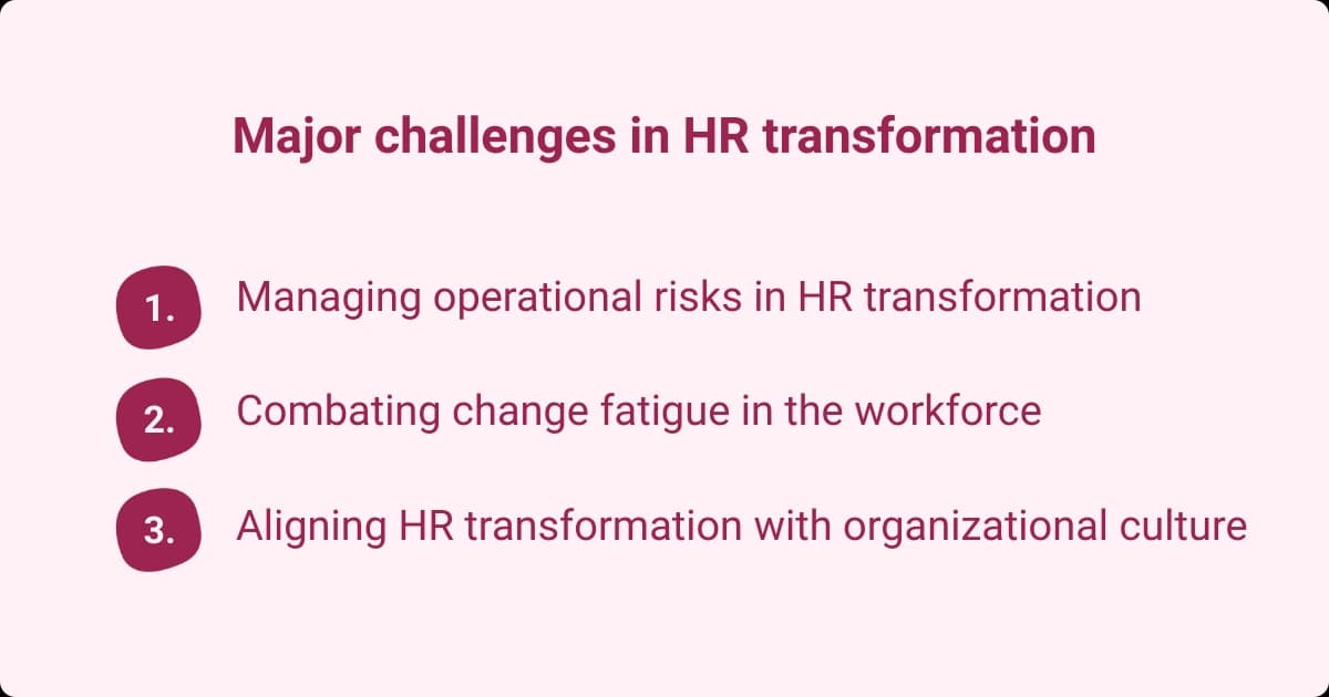 List of major challenges in HR transformation, including managing operational risks, combating change fatigue, and aligning transformation with organizational culture