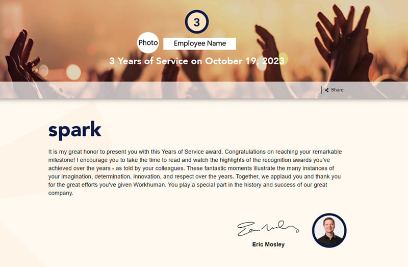 3 year spark award message from eric mosely