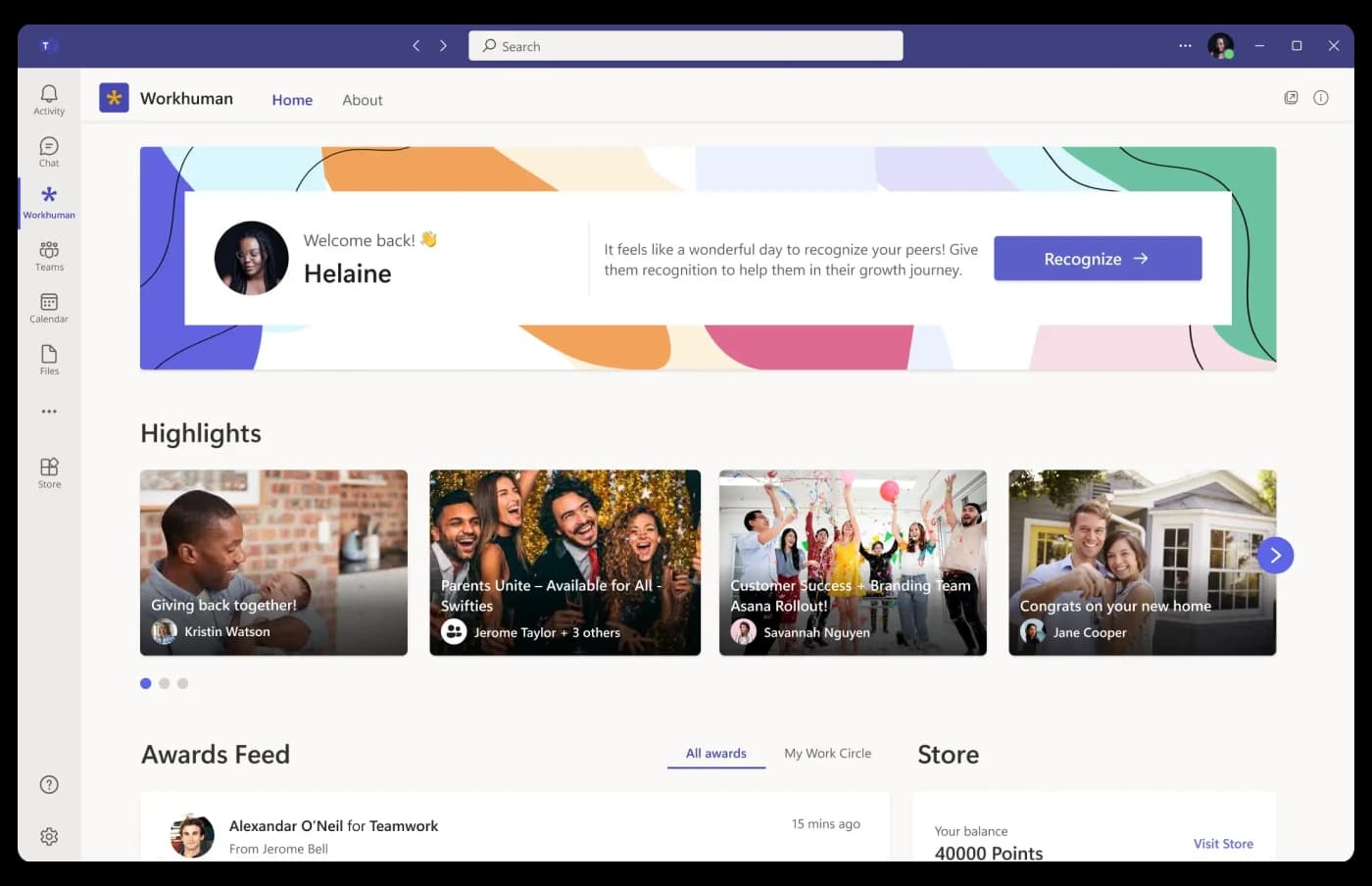 Product screen showing the main page of the newsfeed