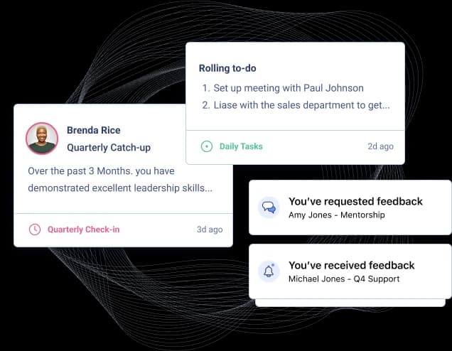 A digital workspace displaying various task reminders and feedback notifications. The main elements include a highlighted quarterly catch-up note from Brenda Rice, emphasizing demonstrated leadership skills over the past three months. Additionally, there's a rolling to-do list with tasks such as setting up a meeting with Paul Johnson and liaising with the sales department. The screen also shows notifications indicating that feedback has been requested from Amy Jones and received from Michael Jones regarding Q4 Support.
