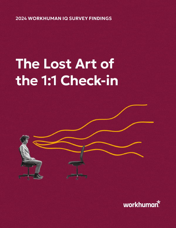 A poster titled "2024 Workhuman IQ Survey Findings" features a split background with a maroon color. On the left, a person sits casually in an office chair, facing an empty chair symbolizing a 1:1 check-in. Above them, wavy yellow lines suggest communication or connection. The text prominently displays "The Lost Art of the 1:1 Check-in," while the Workhuman logo appears in the bottom right corner.